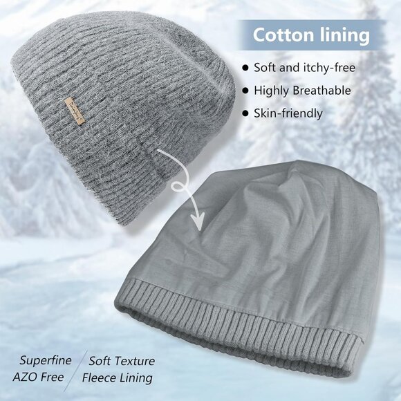 Womens Warm Knit Beanie Hat Thick Cotton Lined Slouchy Skull Cap for Fall Winter - Picture 5 of 7